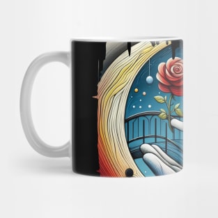 Illustration of a Rabbit stands on a bridge and gives a rose to the moon. Mug